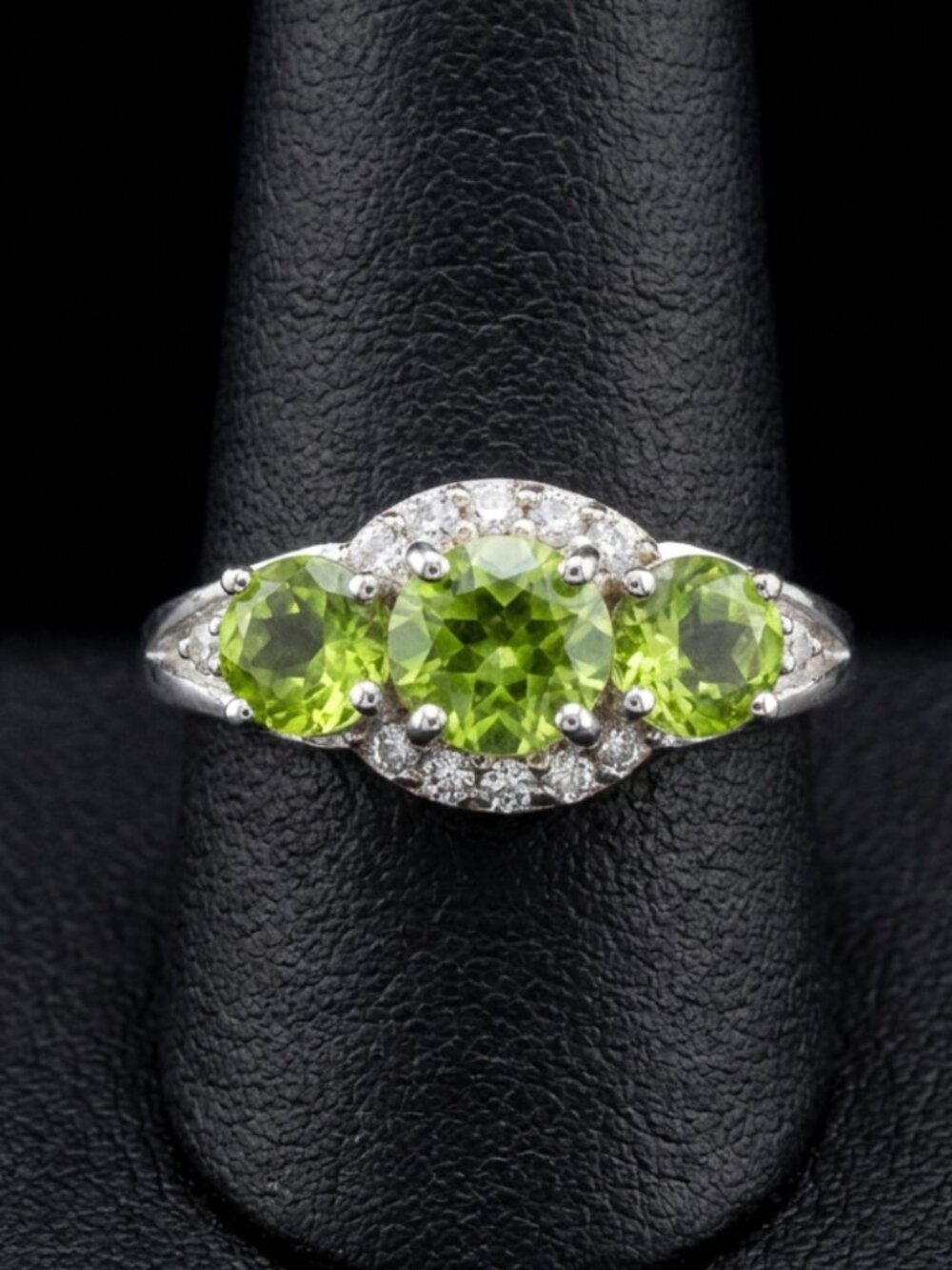 Vintage Three-Stone Peridot and Cubic Zirconia Sterling Silver Ring Size 6 - Picture 2 of 7